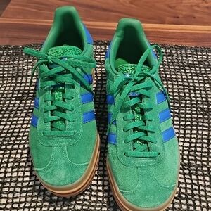 Adidas Gazelle Platform Women's Green Suede Sneakers with Blue Stripes